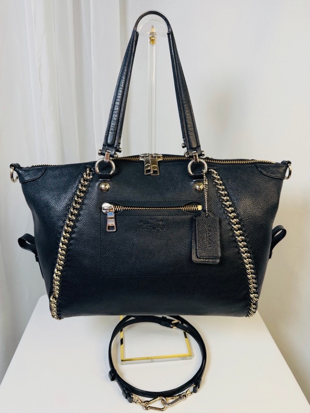 COACH Black Whiplash Leather Prairie Satchel Bag Crossbody F34339